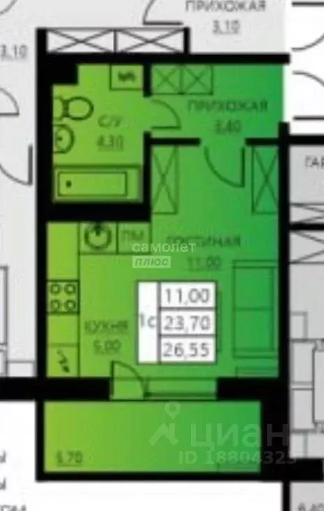 Студия Пермский край, Пермь ул. Гашкова, 56к1 (26.5 м) - Фото 2