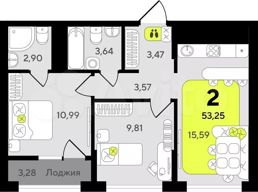 2-к. квартира, 53,3 м, 17/19 эт. - Фото 1