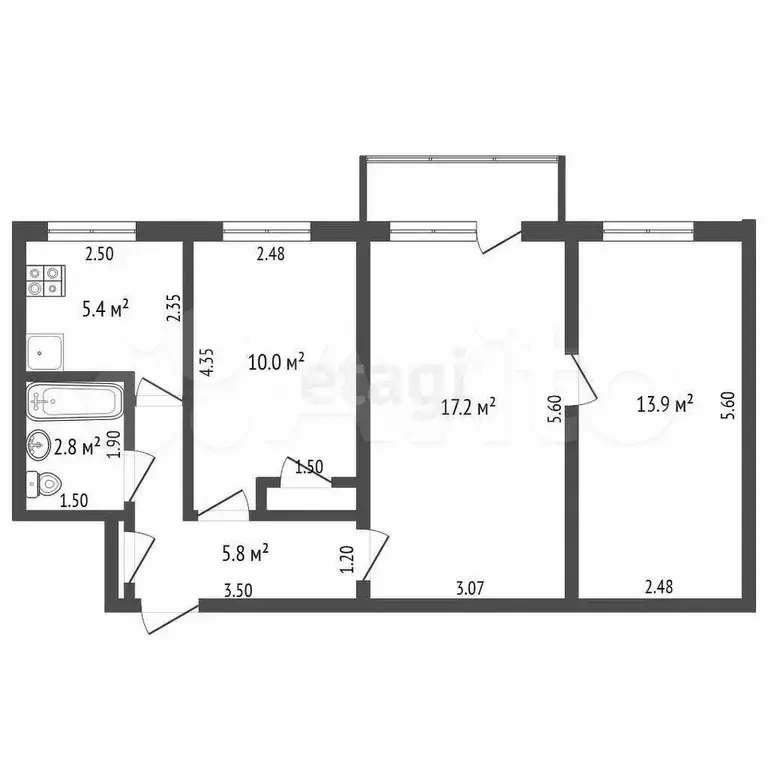 3-к. квартира, 55,9 м, 4/5 эт. - Фото 0