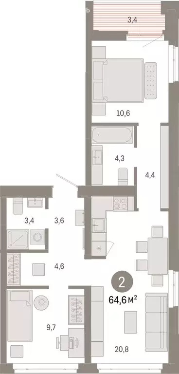 2-комнатная квартира: Тюмень, улица Республики, 205к3 (64.6 м) - Фото 2