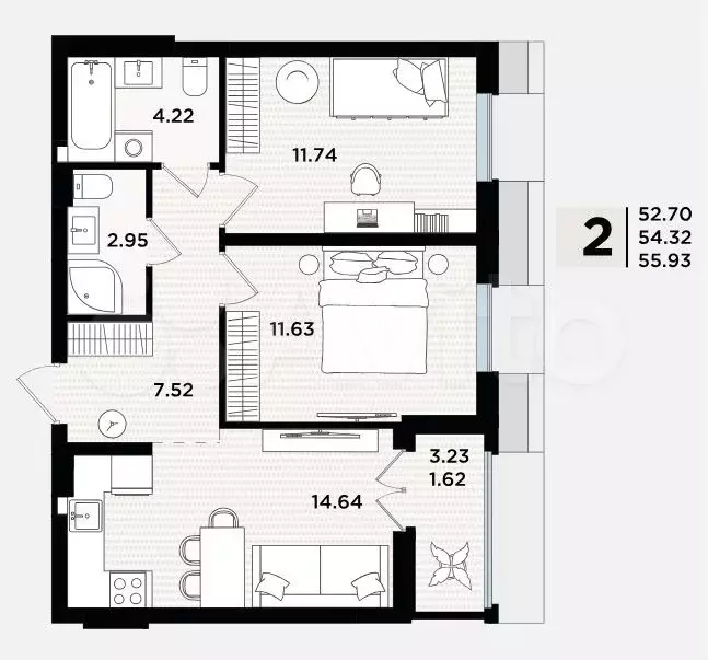 2-к. квартира, 54,3 м, 4/5 эт. - Фото 1