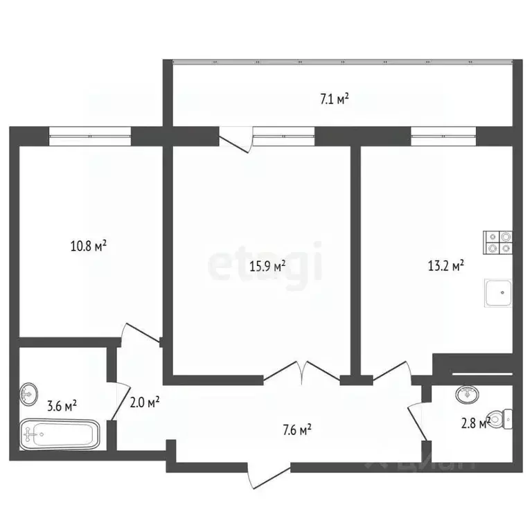 2-к кв. Тюменская область, Тюмень ул. Ю.-Р.Г. Эрвье, 14к2 (58.0 м) - Фото 2
