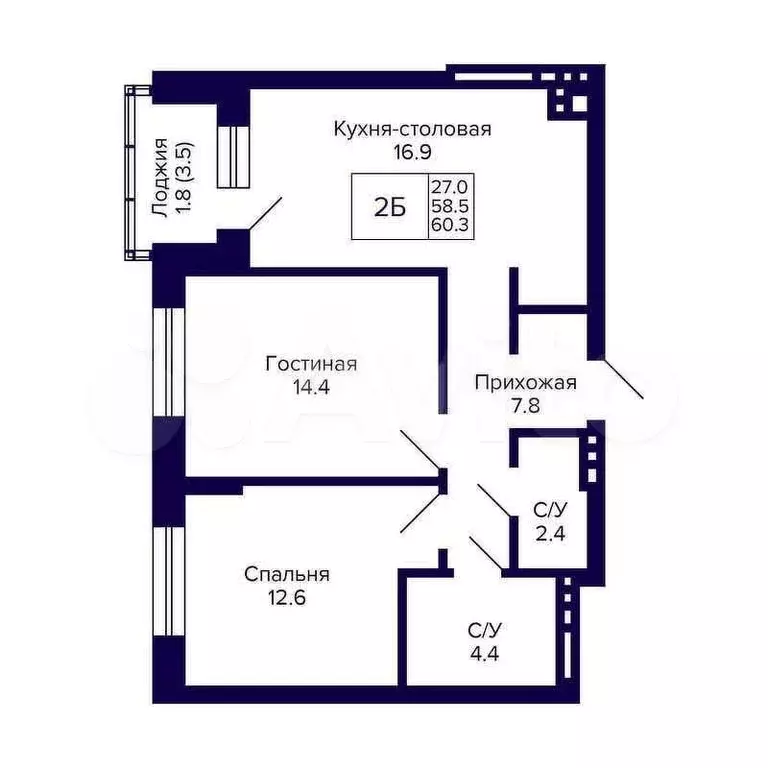 2-к. квартира, 60 м, 5/18 эт. - Фото 0