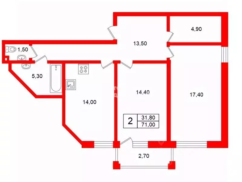 2-к кв. Санкт-Петербург Ленинский просп., 72к1 (71.0 м) - Фото 1