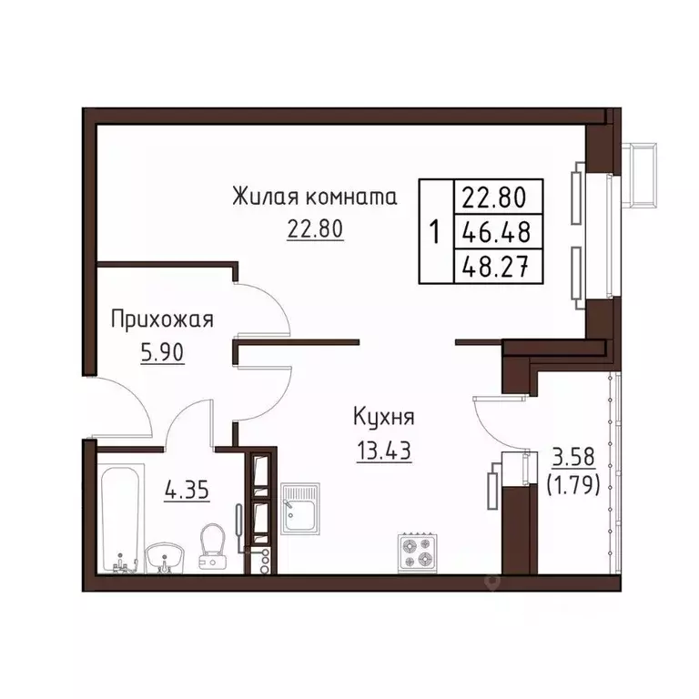 1-к кв. Орловская область, Орел ул. Левый Берег реки Оки, 21 (48.27 м) - Фото 0