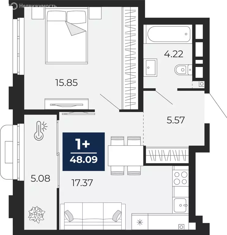 1-комнатная квартира: Тюмень, ЖК Айвазовский Сити (48.09 м) - Фото 1