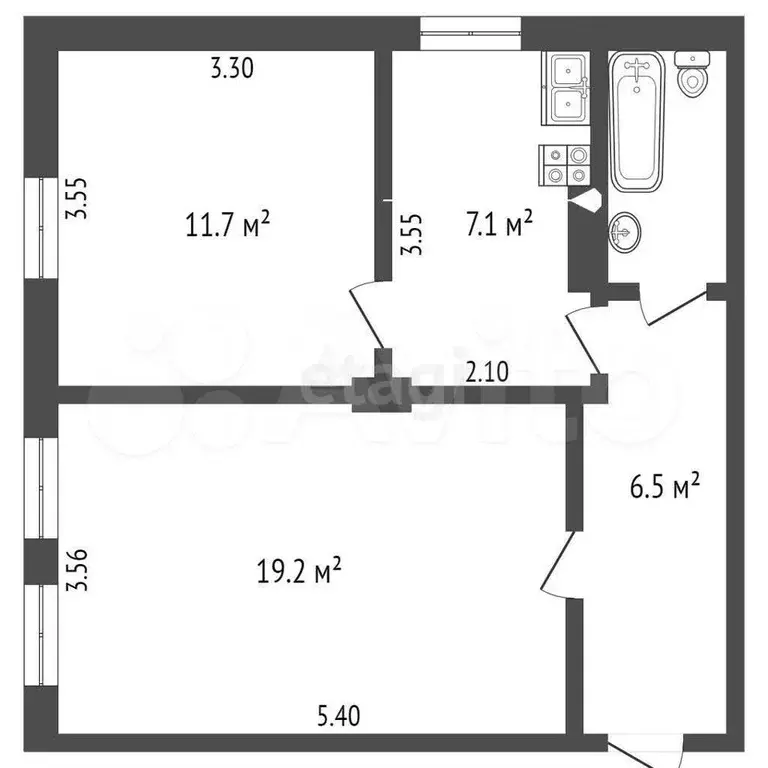 2-к. квартира, 47,4 м, 1/2 эт. - Фото 1