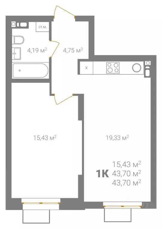 1-к кв. Нижегородская область, Нижний Новгород Ветеринарная ул. (43.7 ... - Фото 2