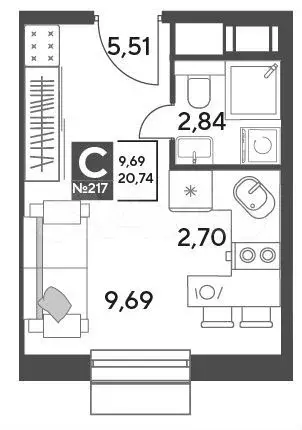 Квартира-студия, 20,7 м, 6/12 эт. - Фото 0