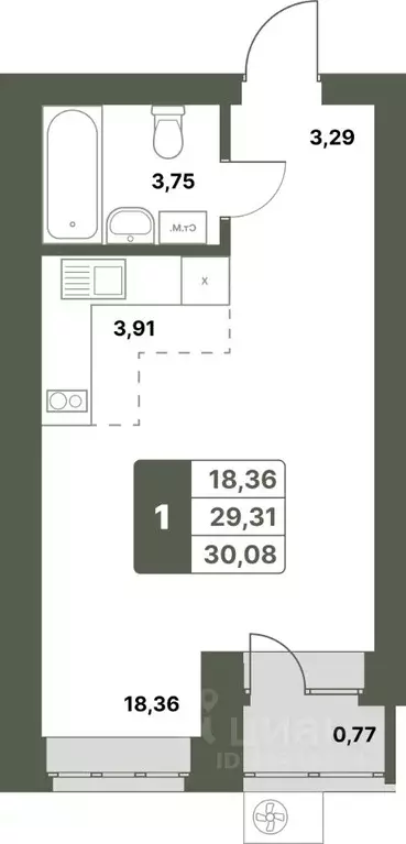 1-к кв. Башкортостан, Уфимский район, с. Миловка  (30.08 м) - Фото 1