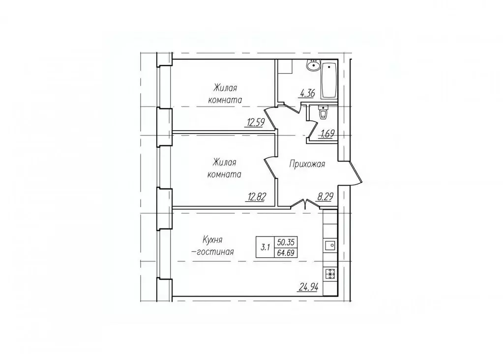 3-к кв. Чувашия, Чебоксары ул. Фридриха Энгельса, поз7 (64.69 м) - Фото 1