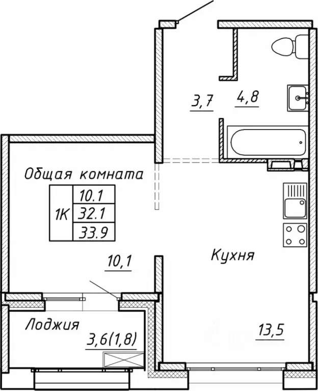 Свободной планировки кв. Новосибирская область, Новосибирск  (33.9 м) - Фото 0