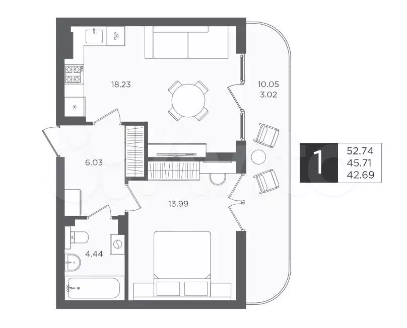 1-к. квартира, 45,7 м, 2/4 эт. - Фото 1