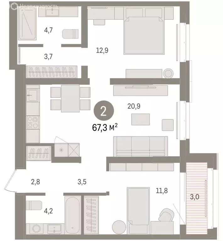 2-комнатная квартира: Тюмень, жилой комплекс На Минской (67.29 м) - Фото 1