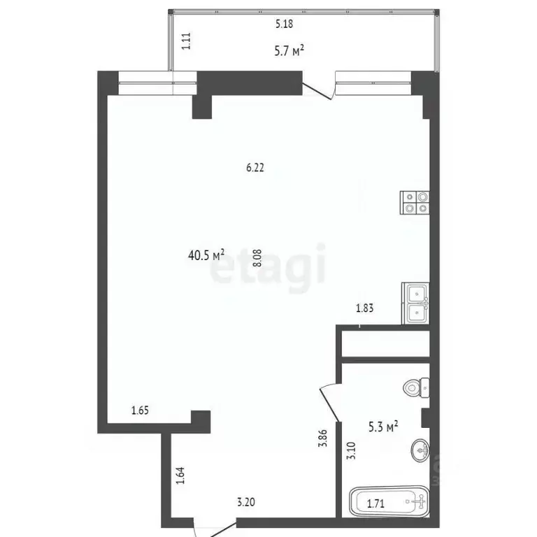 Студия Тюменская область, Тюмень ул. Прокопия Артамонова, 6к1 (45.8 м) - Фото 2