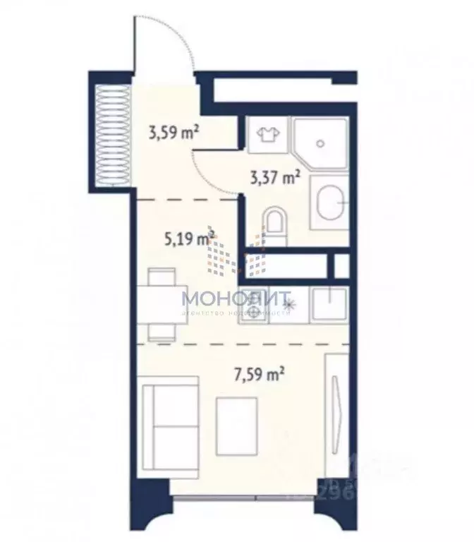 Студия Москва Нагатинская ул., к3вл1 (18.6 м) - Фото 1