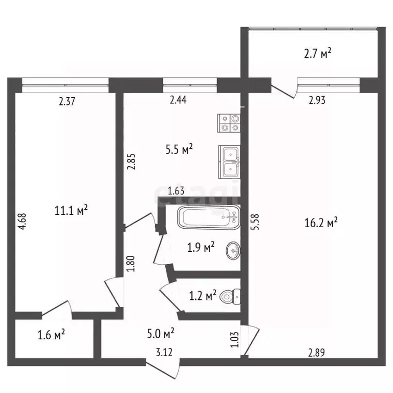 2-к кв. Башкортостан, Стерлитамак ул. Чехова, 8А (42.3 м) - Фото 2