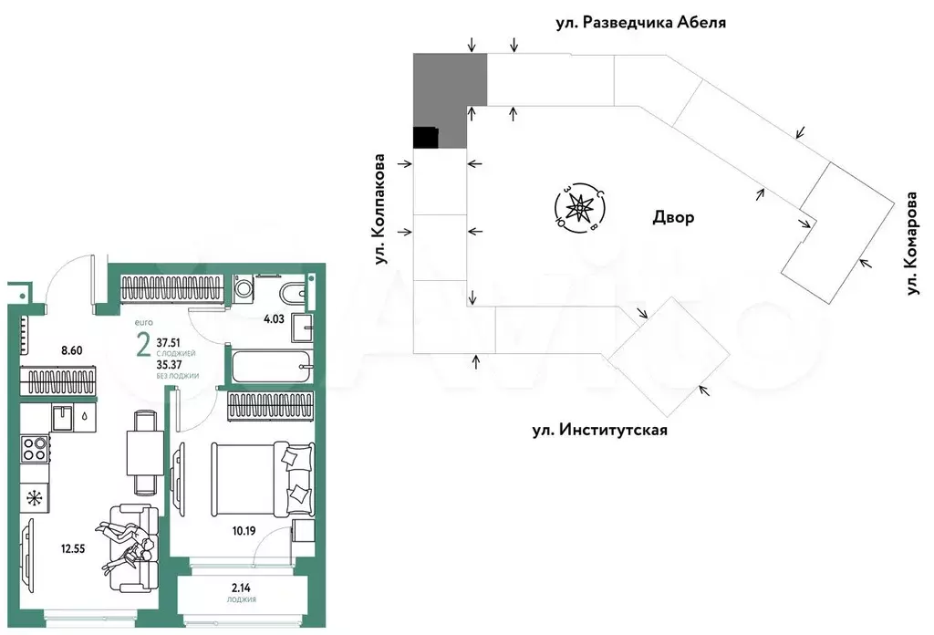 2-к. квартира, 37,5 м, 8/25 эт. - Фото 0