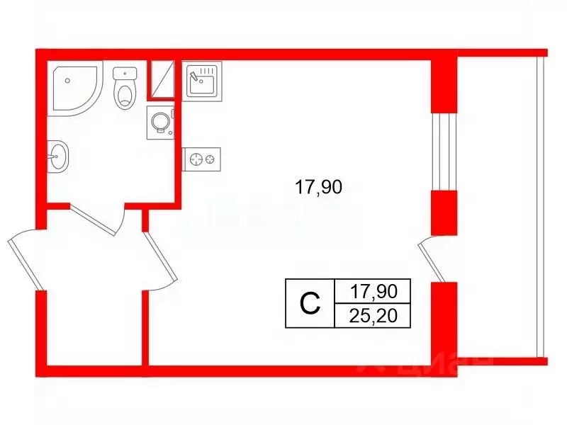 Студия Санкт-Петербург Светлановский просп., 14к1 (25.2 м) - Фото 1
