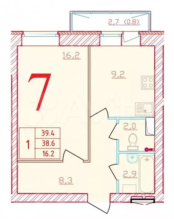 1-к. квартира, 39,4м, 8/9эт. - Фото 0