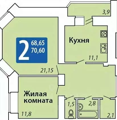 2-к кв. Чувашия, Чебоксары ул. Мирона Ефимовича Ефимова, 1 (70.6 м) - Фото 1