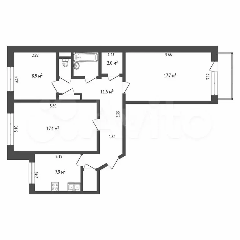 3-к. квартира, 65,1 м, 9/10 эт. - Фото 1