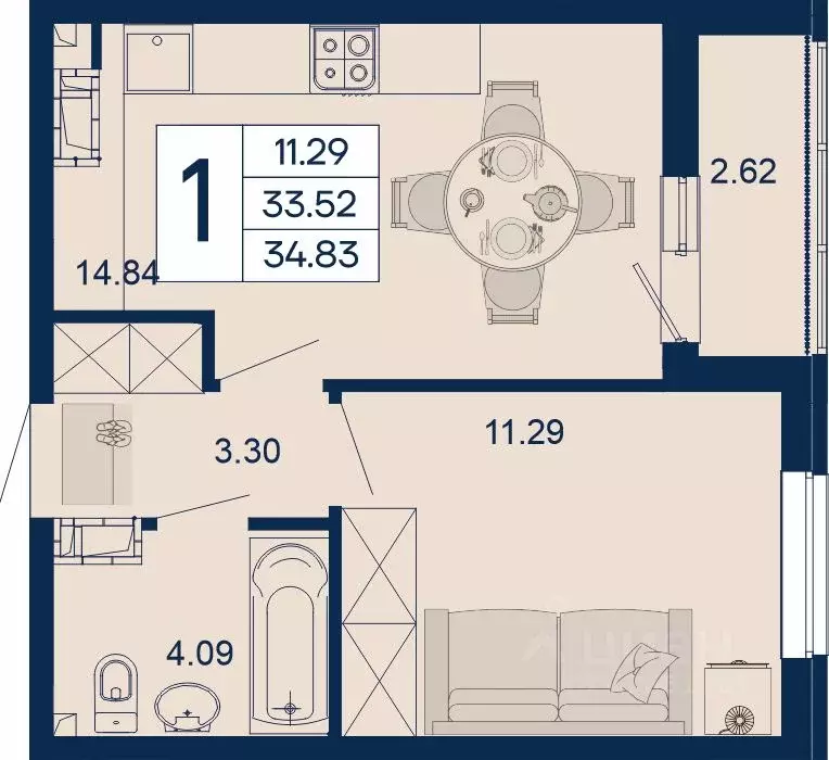 1-к кв. Краснодарский край, Краснодар  (34.83 м) - Фото 1