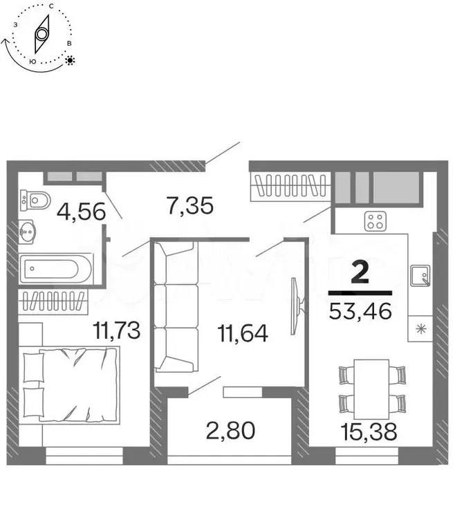 2-к. квартира, 53,5 м, 13/15 эт. - Фото 0