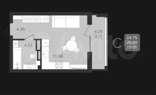 Квартира-студия, 26,9 м, 6/9 эт. - Фото 1