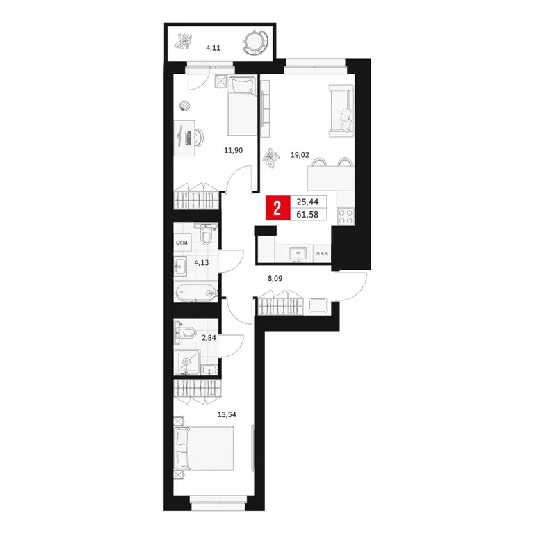 2-к кв. Башкортостан, Уфа ул. Большая Московская, 11 (61.58 м) - Фото 1