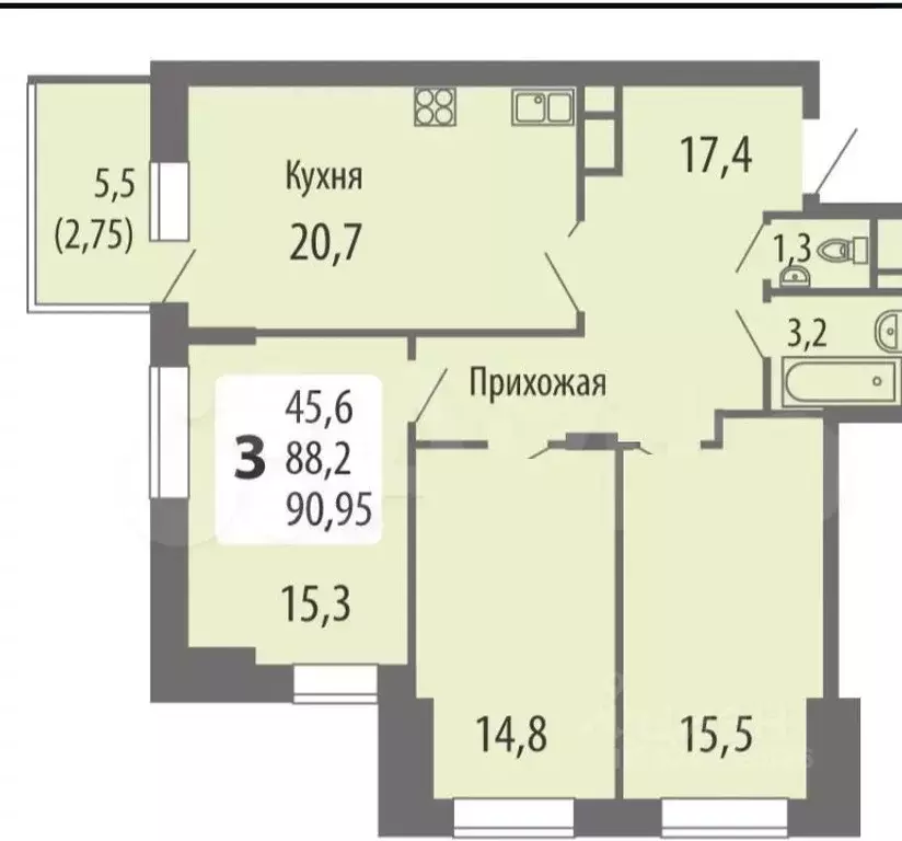 3-к кв. Чувашия, Чебоксары ул. Филиппа Лукина, 16 (90.5 м) - Фото 1