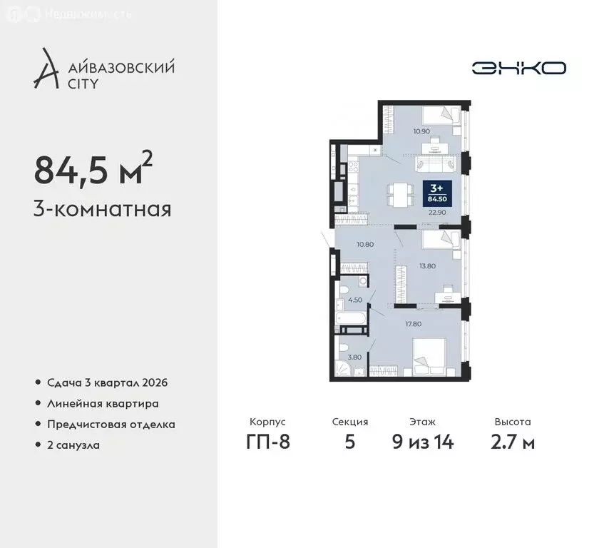 3-комнатная квартира: Тюмень, жилой комплекс Айвазовский Сити (84.5 м) - Фото 0