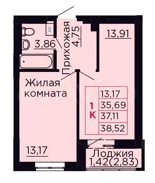 1-к. квартира, 37,1 м, 2/9 эт. - Фото 0