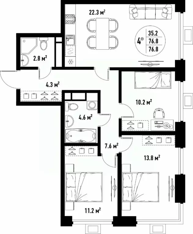 4-к кв. Астраханская область, Астрахань ул. Бэра, 29 (76.8 м) - Фото 2