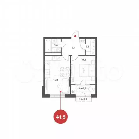 1-к. квартира, 41,5 м, 2/4 эт. - Фото 0