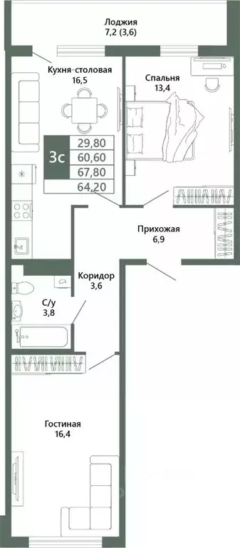 2-к кв. Кемеровская область, Кемерово 64-й мкр, Лучи жилой комплекс ... - Фото 1