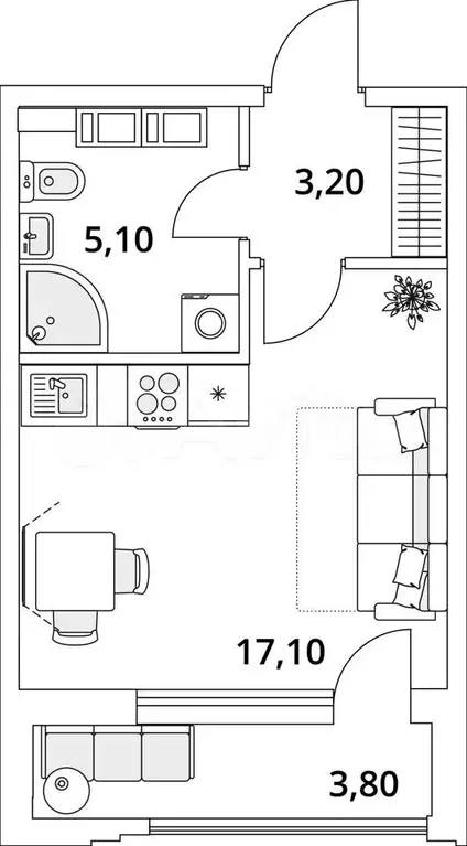 Квартира-студия, 27,3 м, 4/13 эт. - Фото 1