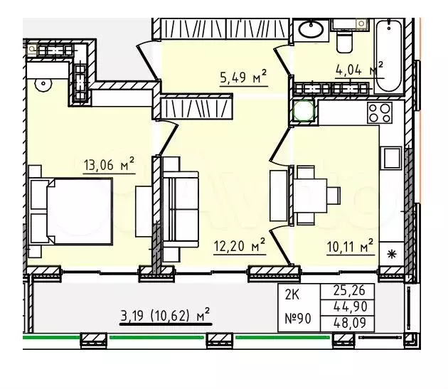 2-к. квартира, 48,1 м, 5/5 эт. - Фото 0