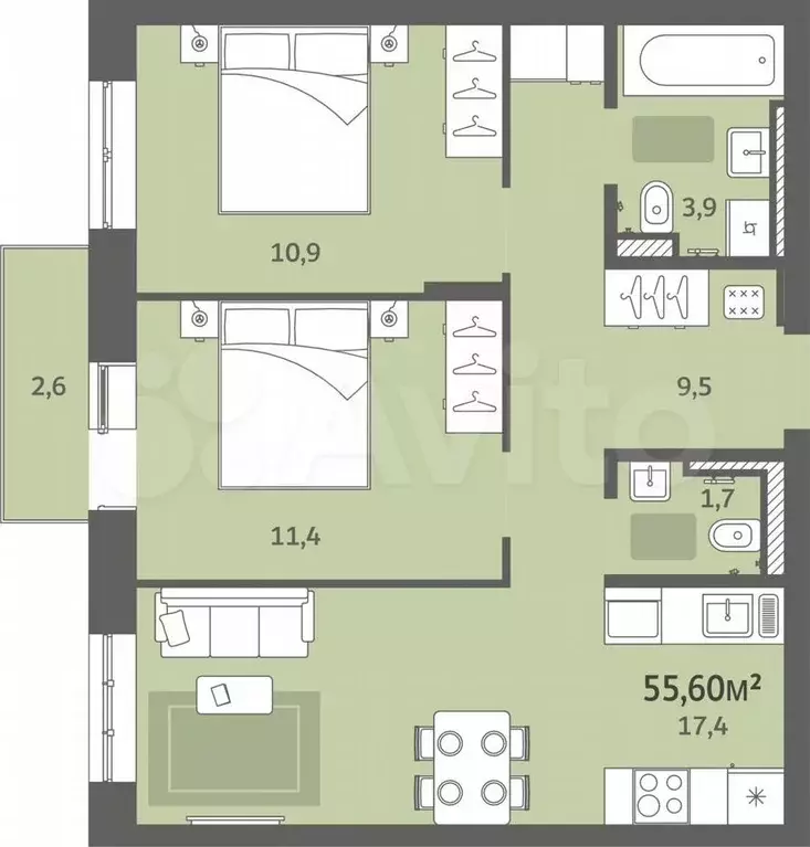 2-к. квартира, 55,6 м, 6/7 эт. - Фото 0
