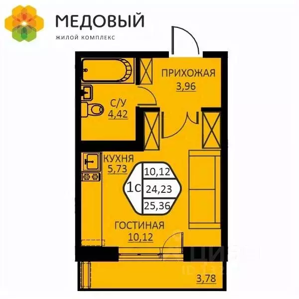 1-к кв. Пермский край, д. Кондратово ул. Н.М. Яблокова, 6 (25.36 м) - Фото 0