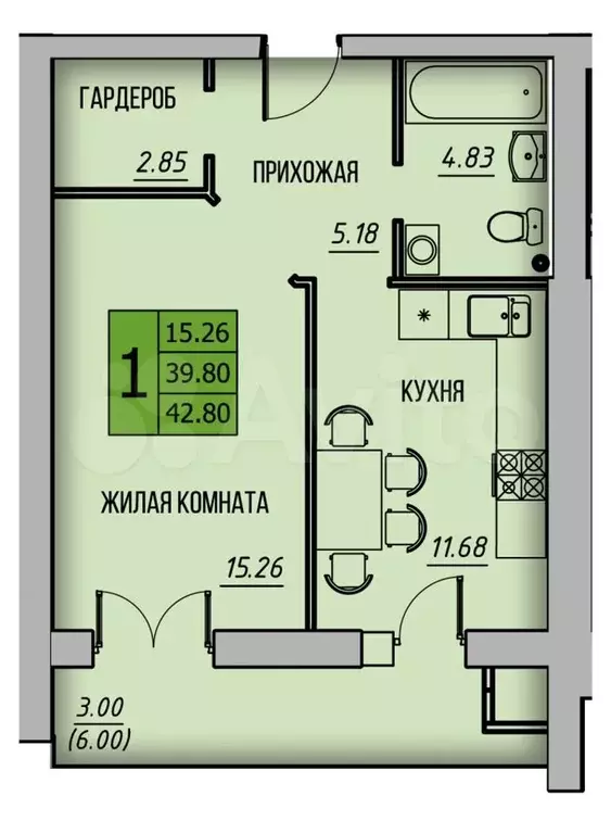 1-к. квартира, 42,8м, 4/10эт. - Фото 0