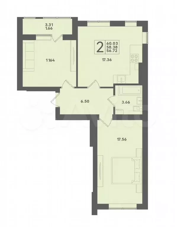 2-к. квартира, 58,4 м, 4/4 эт. - Фото 1