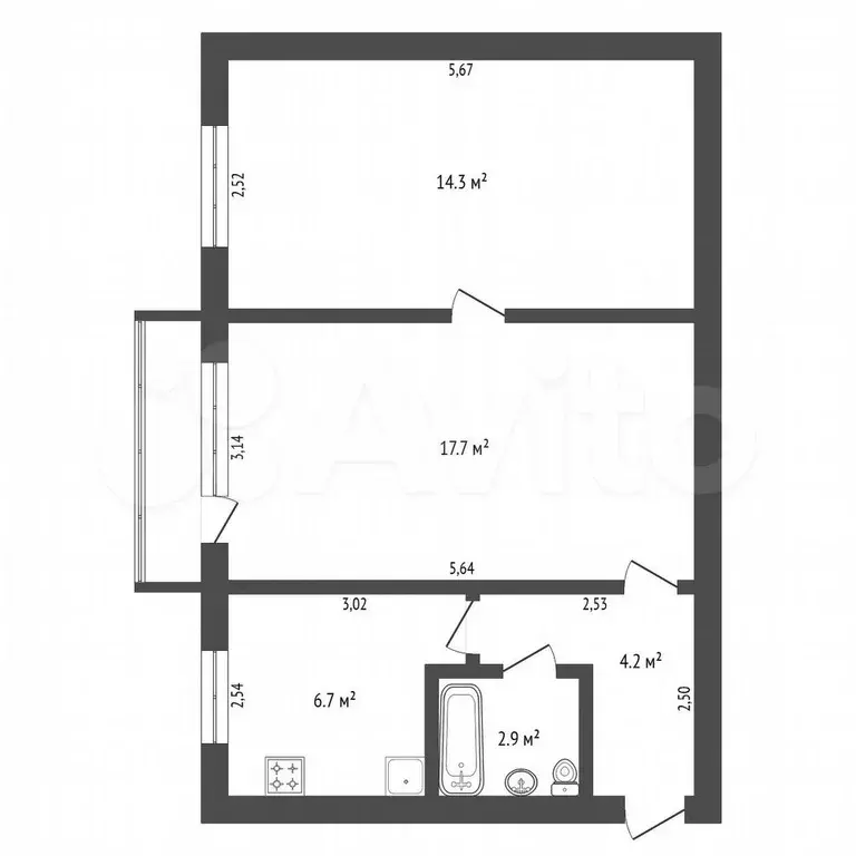 2-к. квартира, 45,8 м, 5/5 эт. - Фото 0