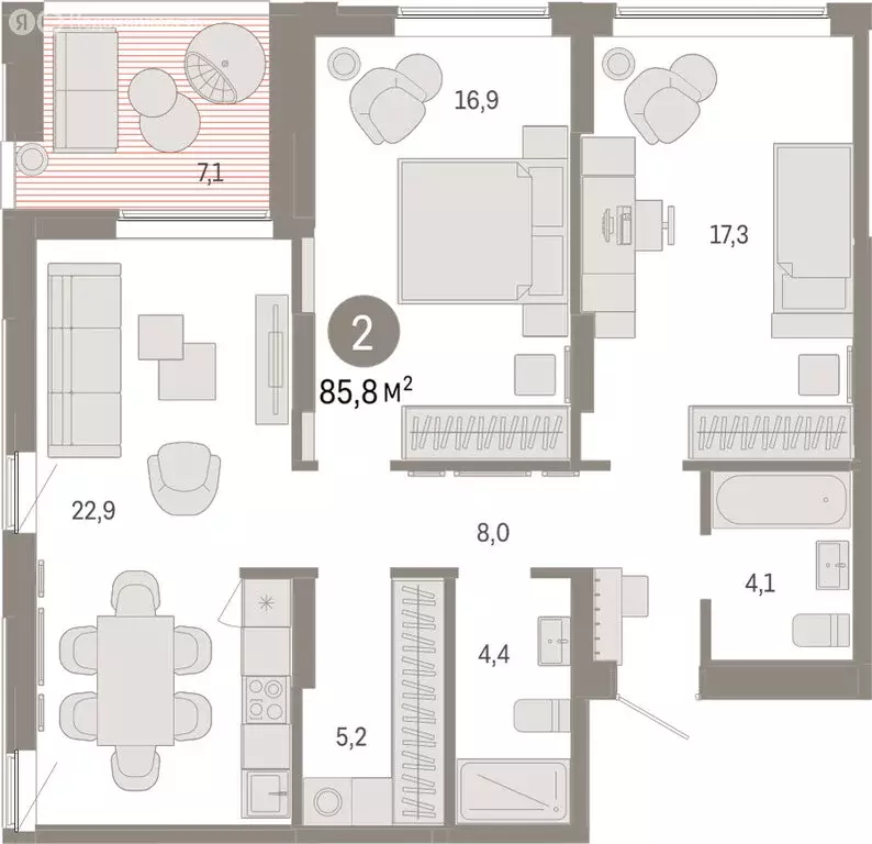 2-комнатная квартира: Екатеринбург, улица Гастелло, 19А (85.84 м) - Фото 2