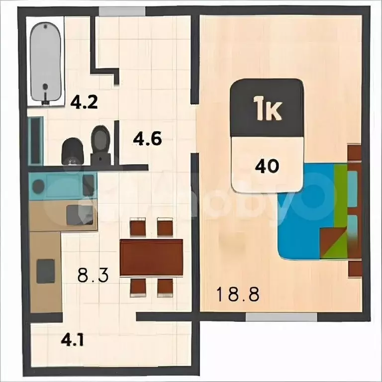 1-к. квартира, 40 м, 1/9 эт. - Фото 0