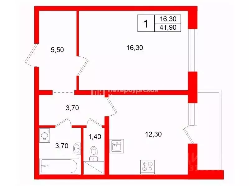 1-к кв. Санкт-Петербург ул. Корнея Чуковского, 5к3 (41.9 м) - Фото 2