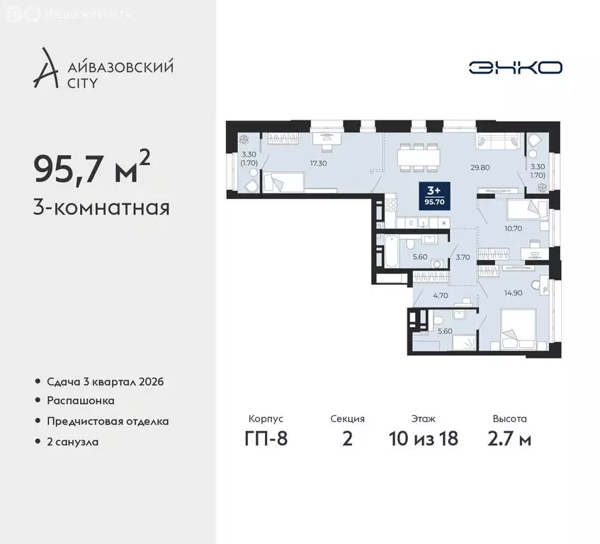 3-комнатная квартира: Тюмень, жилой комплекс Айвазовский Сити (95.7 м) - Фото 0