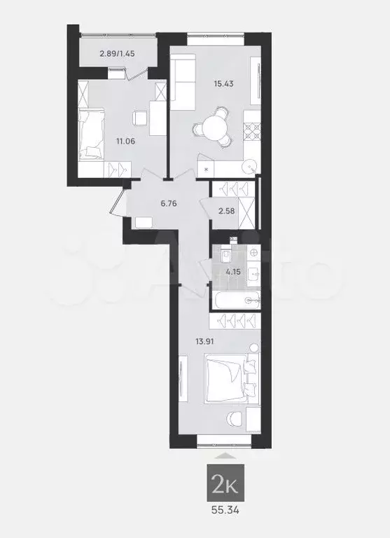 2-к. квартира, 55,4 м, 7/9 эт. - Фото 1