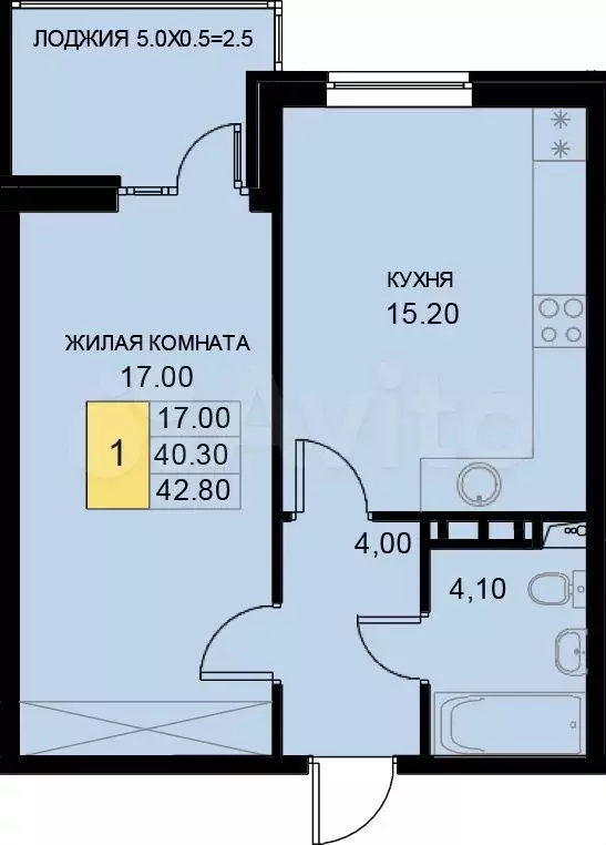 1-к. квартира, 42,8 м, 7/7 эт. - Фото 1