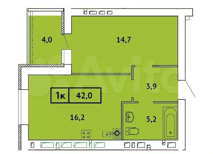 1-к. квартира, 42 м, 7/9 эт. - Фото 0